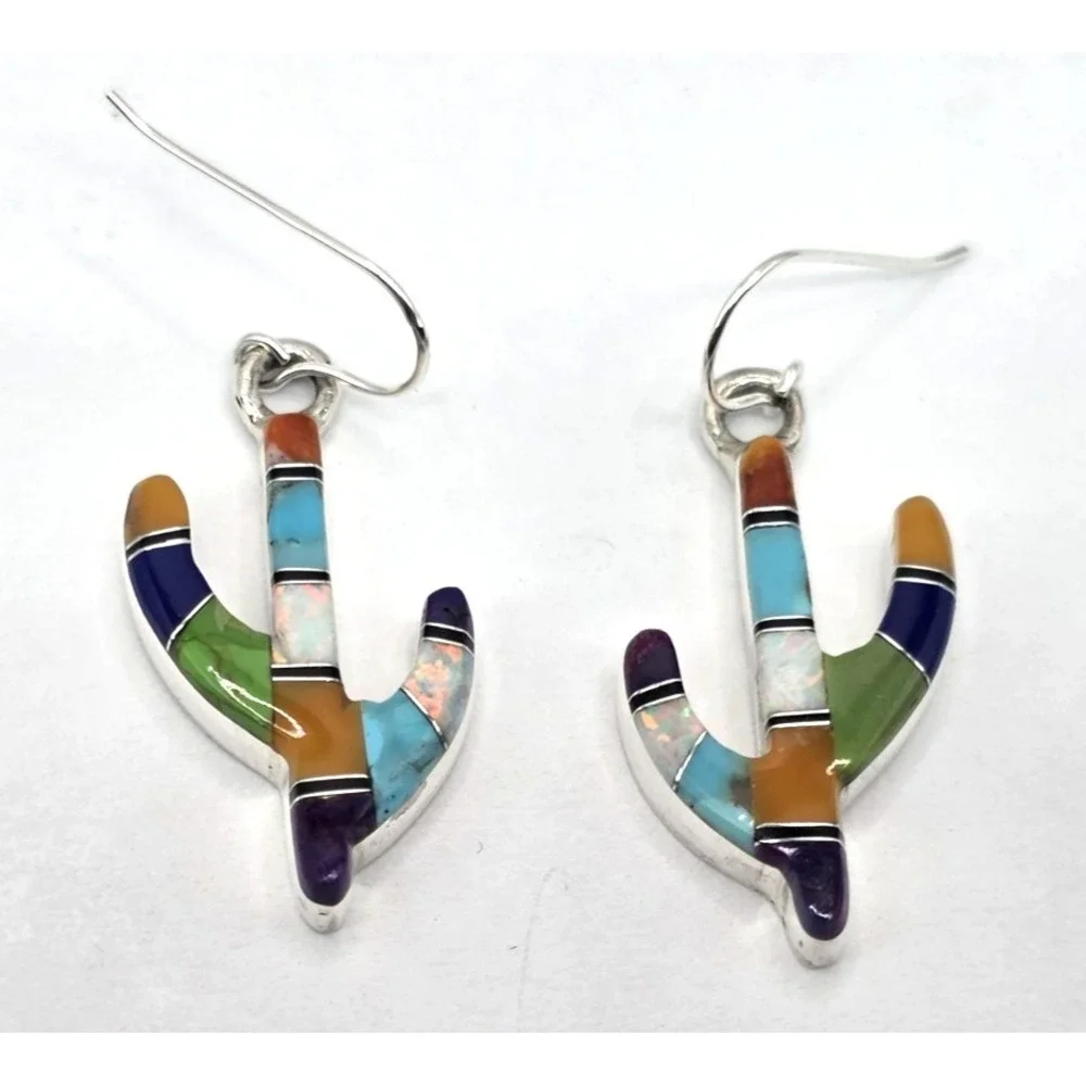 Multi-Gemstone Cacti Earrings Sterling Silver Inlays 0.94" Handmade Signed NEW - Picture 3 of 13